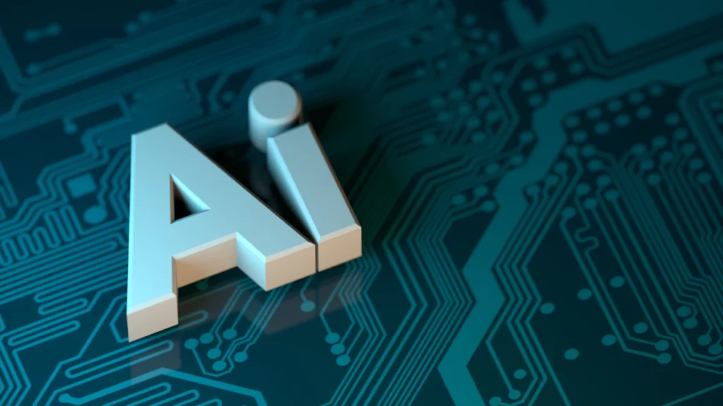The letters AI on a circuit board